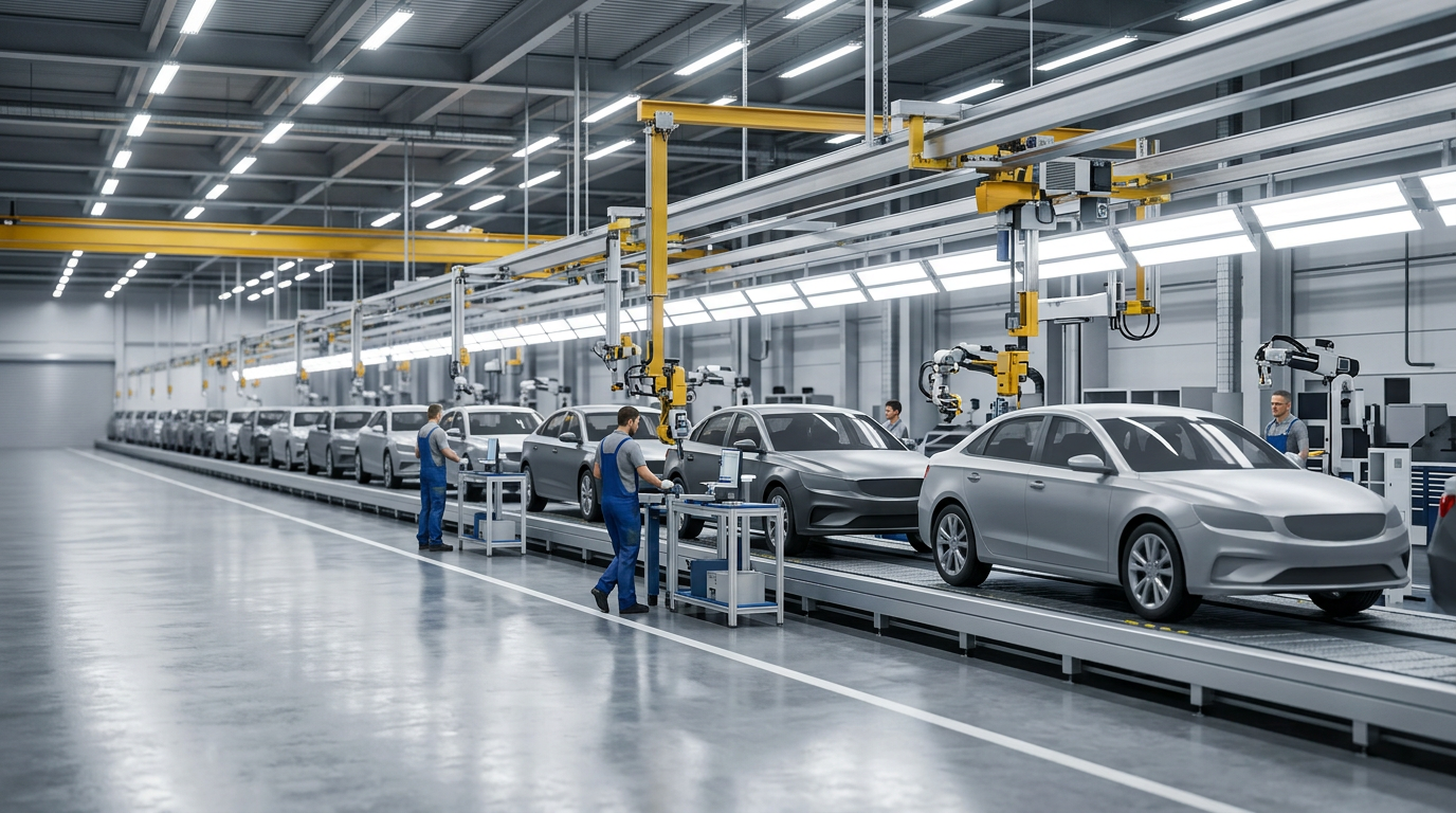 Línea de ensamble automotriz moderna, contexto visual del estudio de caso de optimización.