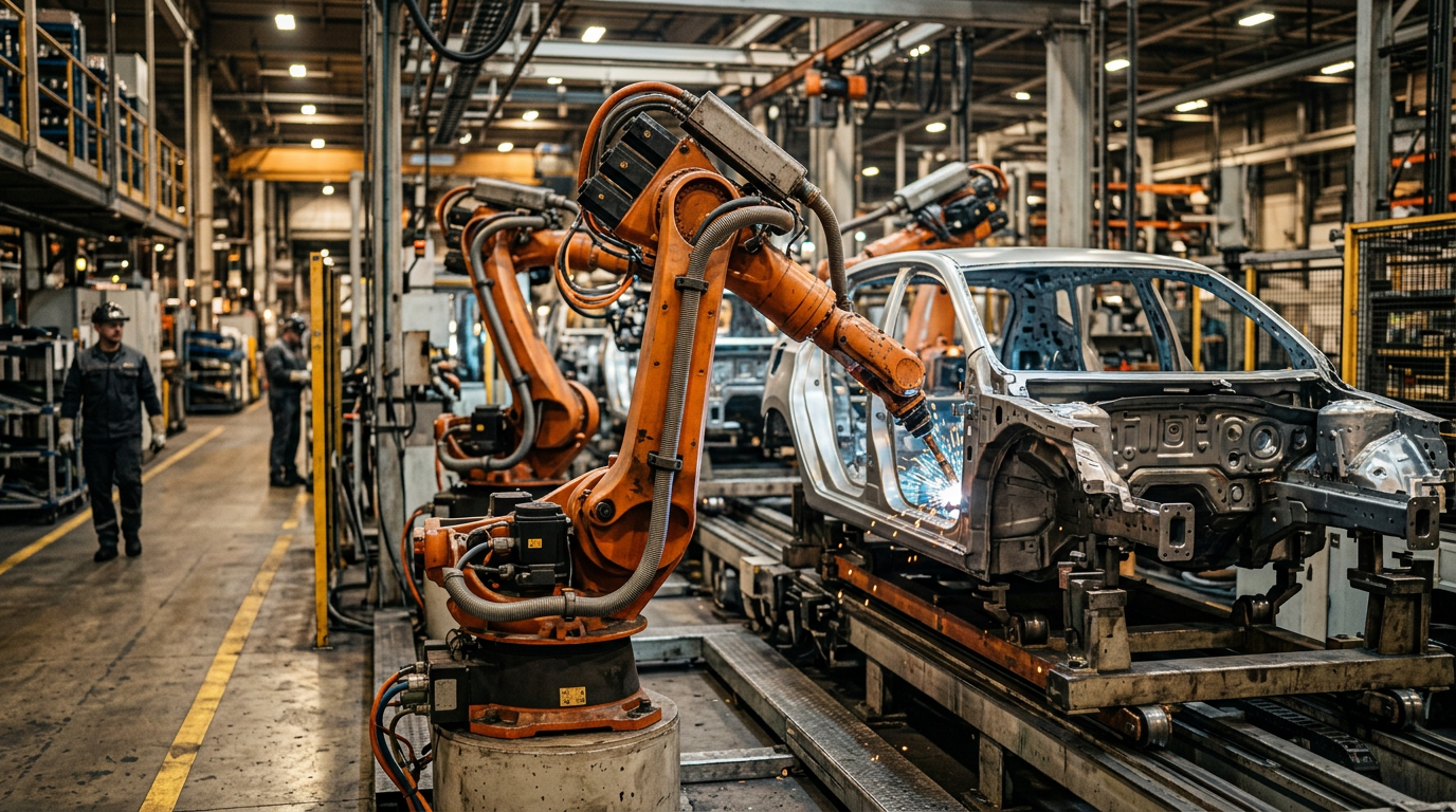 Línea industrial con brazo robótico en celda de ensamble.