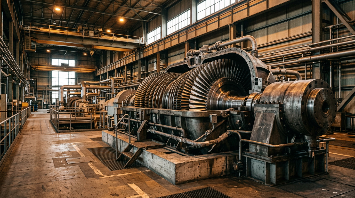 Industrial turbine in a machine hall, power generation setting.